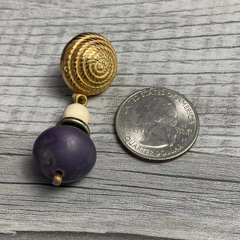Vintage Gold Tone Spiral Stud Purple Cream Bead Drop Earrings Post Back Boho